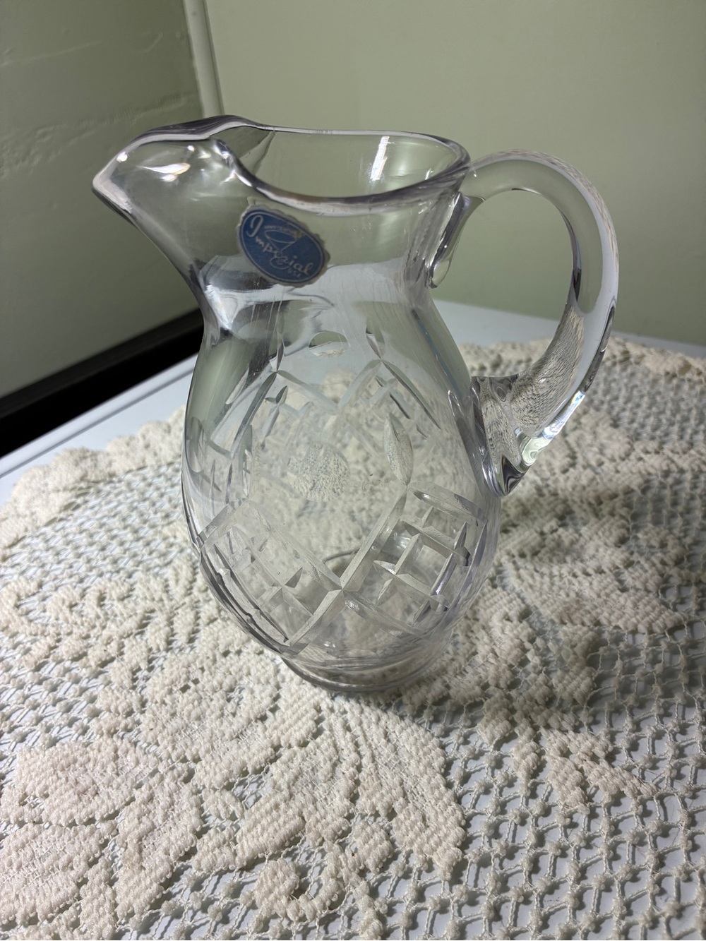 vintage clear cut crystal or pressed glass water pitcher by Imperial